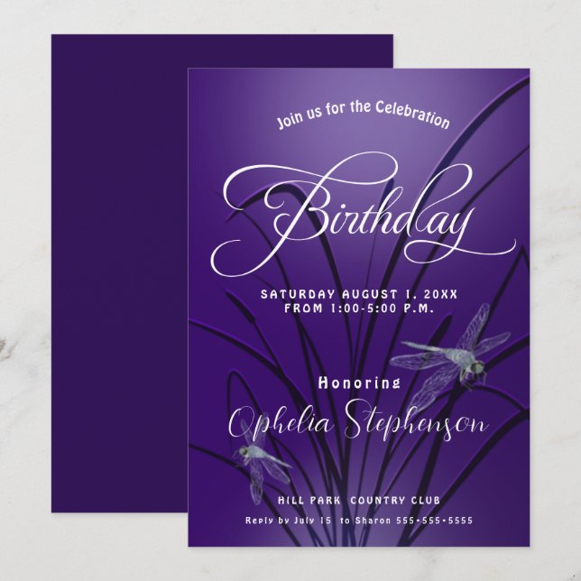 Amethyst  Dragonfly Birthday Invitation (Front/Back)