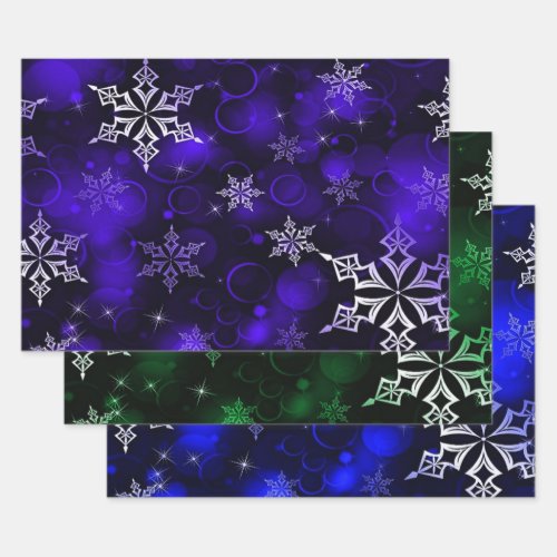 Amethyst Emerald  Royal Blue Snowflake Pattern Wrapping Paper Sheets