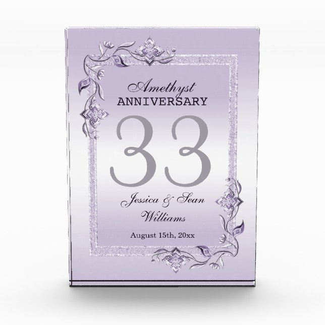 Amethyst Gem & Glitter 33rd Wedding Anniversary Acrylic Award (Front)