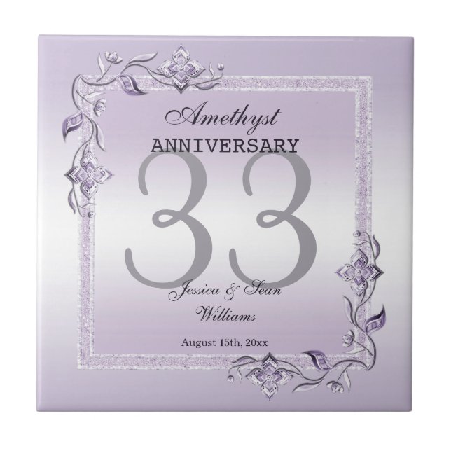 Amethyst Gem & Glitter 33rd Wedding Anniversary Ceramic Tile (Front)