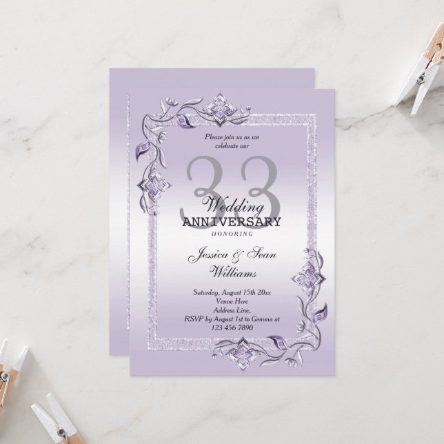 Amethyst Gem & Glitter 33rd Wedding Anniversary Invitation (Front/Back In Situ)