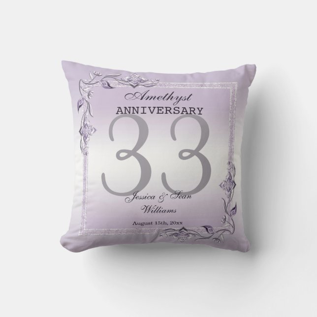 Amethyst Gem & Glitter 33rd Wedding Anniversary Throw Pillow (Front)