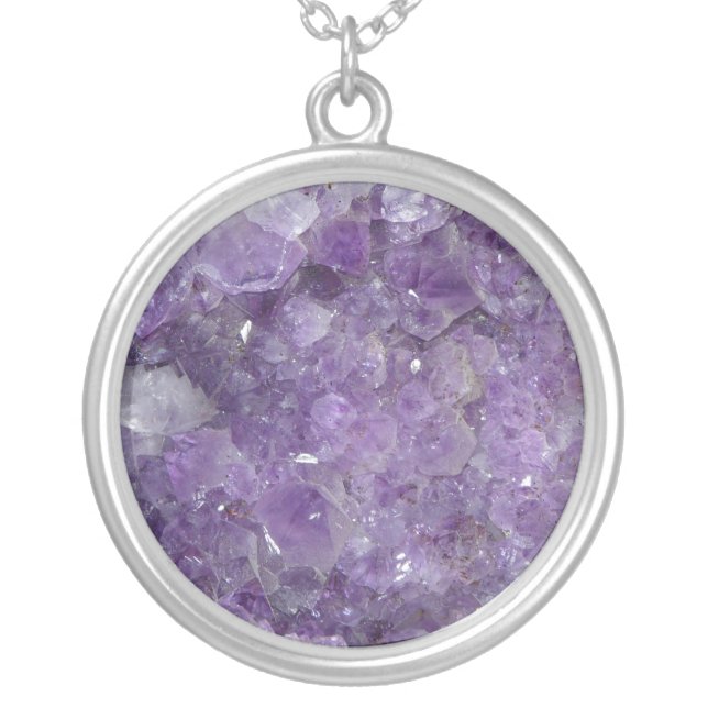 Amethyst Geode - Violet Crystal Gemstone Silver Plated Necklace (Front)
