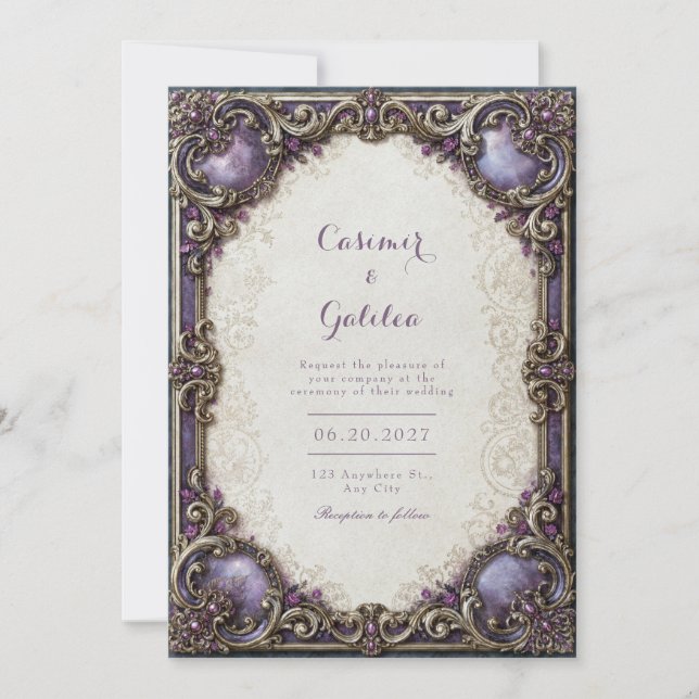 Amethyst Gilded Scrollwork Wedding Invitation (Front)
