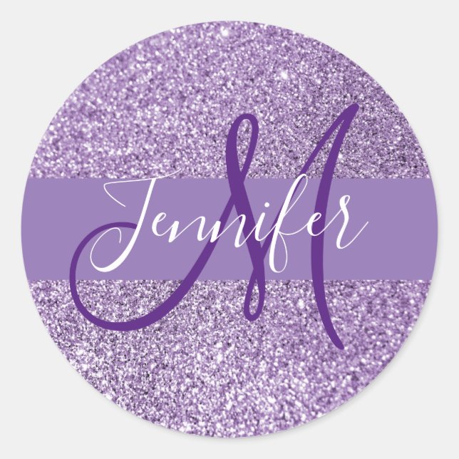 Amethyst Glitter Photo Name and Initial Classic Round Sticker (Front)