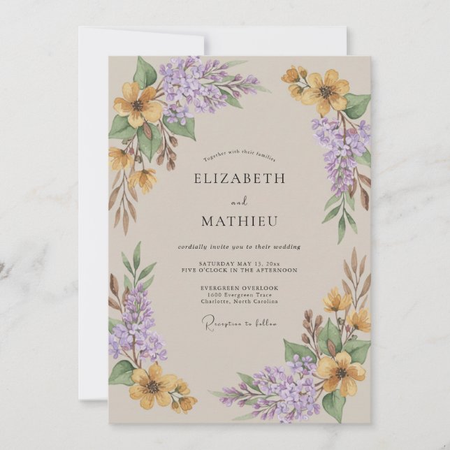 Amethyst Gold Wisteria Wedding Invitation (Front)