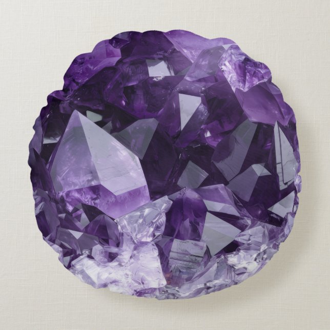 Amethyst Healing Crystal Cluster Round Pillow (Front)