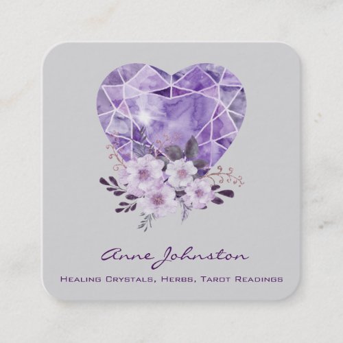 Amethyst Heart and Flowers Square Business Card