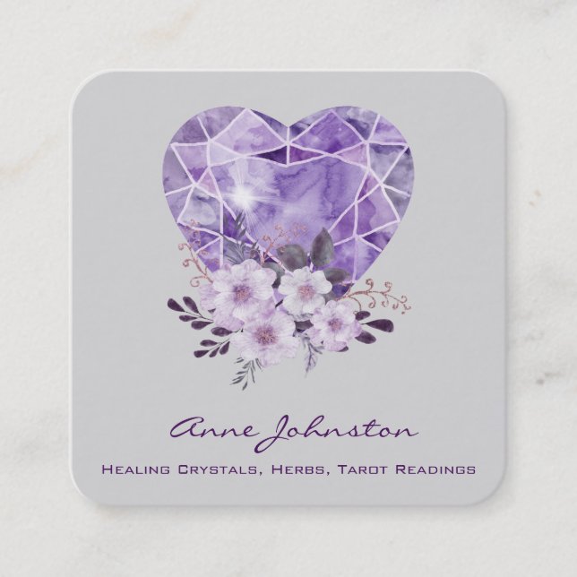 Amethyst Heart and Flowers Square Business Card (Front)