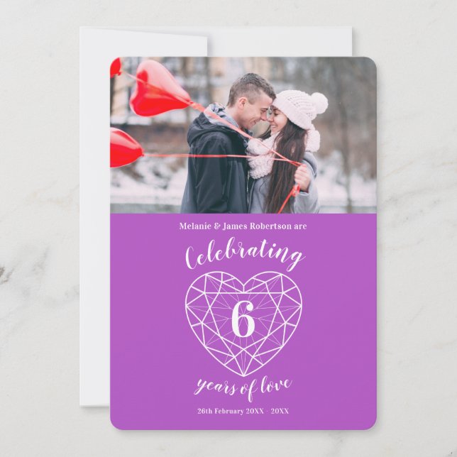 Amethyst heart anniversary 6 years photo invites (Front)