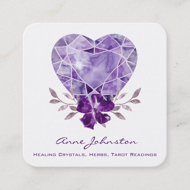 Amethyst Heart Floral Square Business Card (Front)