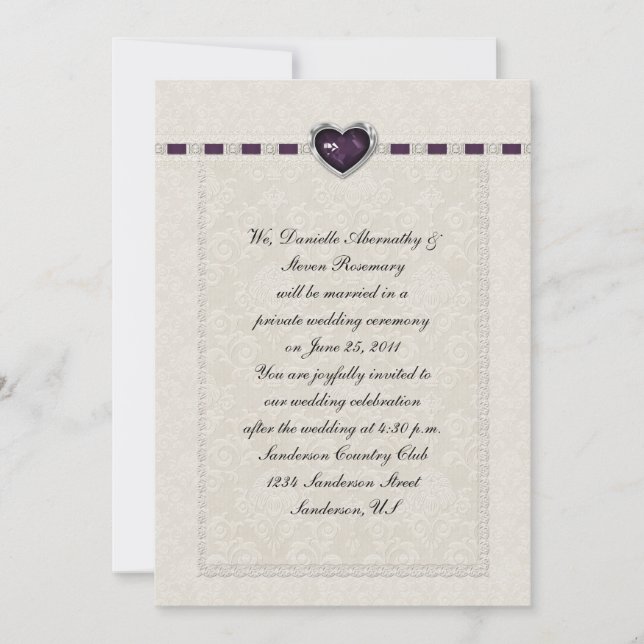 Amethyst Heart Purple Ribbon & Lace Post Wedding Invitation (Front)