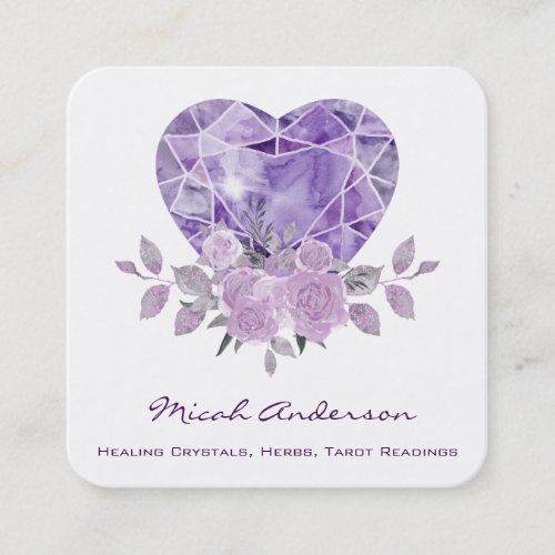 Amethyst Heart Purple Roses Square Business Card