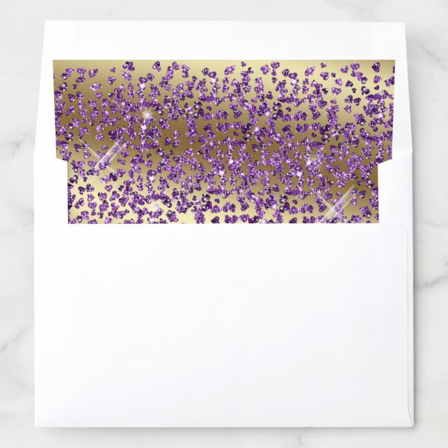 Amethyst Hearts Glitter on Gold  Quinceañera Envelope Liner (In Envelope)