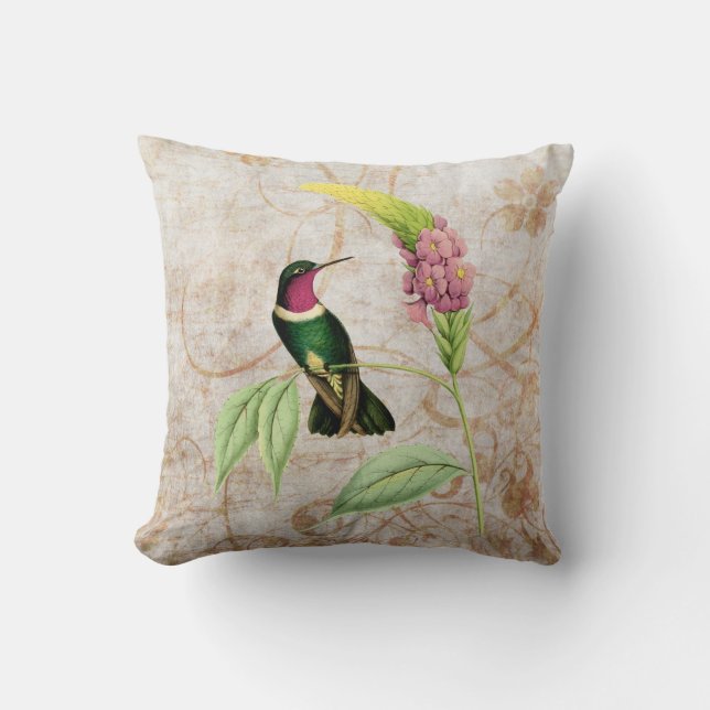 Amethyst Hummingbird Vintage Grunge Throw Pillow (Front)