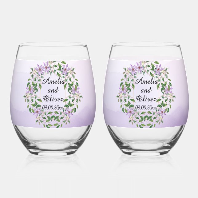 Amethyst Lilies on Purple Watercolor Wedding Stemless Wine Glass (Front)
