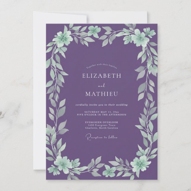 Amethyst Mint Foliage Eucalyptus Wedding Invitation (Front)