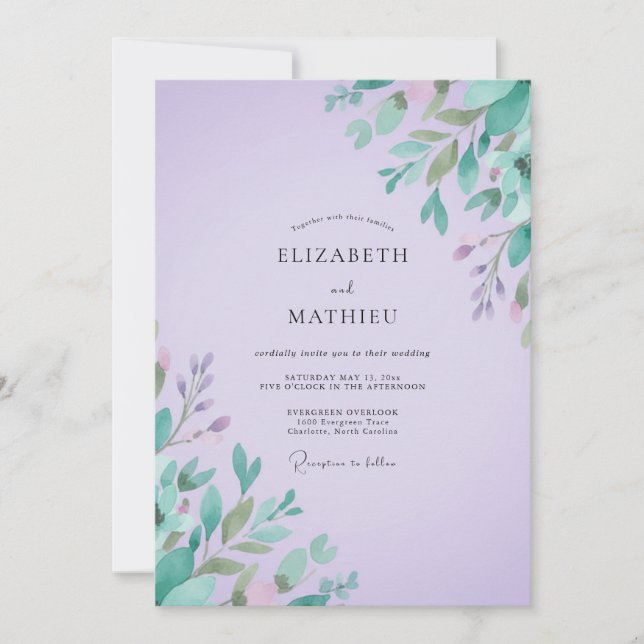 Amethyst Mint Leafy Wedding Invitation (Front)