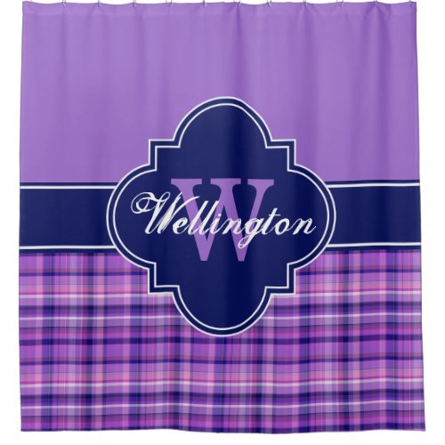 Amethyst Navy Blue Madras Plaid 1I CB Ribbon Name Shower Curtain