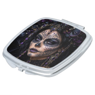 Amethyst Orchid Calavera – Gothic Sugar Skull Compact Mirror