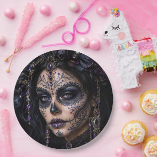 Amethyst Orchid Calavera – Gothic Sugar Skull Paper Plates