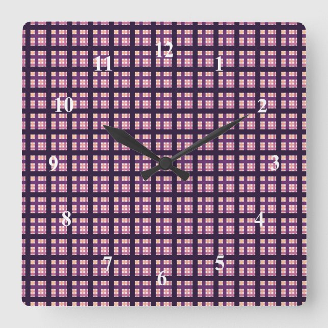 Amethyst Peach Pink Purple Lilac Stripe Plaid Square Wall Clock (Front)