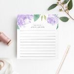 Amethyst Peony | Personalized Lined Notepad<br><div class="desc">Chic floral notepad features a top border of watercolor peony flowers in lavender purple with lush green leaves. Personalize with two lines of custom text in modern lettering; shown with the French greeting "bonjour" and your name. Lined.</div>