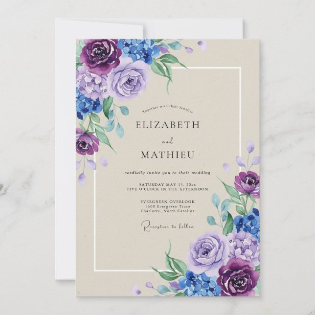 Amethyst Periwinkle Hydrangea Eucalyptus Wedding Invitation (Front)