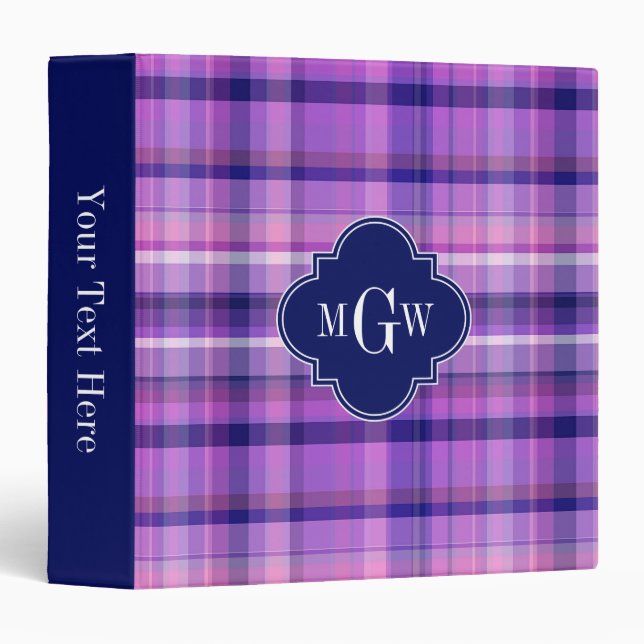 Amethyst Pink Navy Wht Preppy Madras Monogram Binder (Front/Spine)