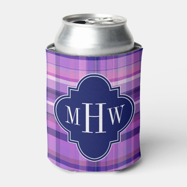 Amethyst Pink Navy Wht Preppy Madras Monogram Can Cooler (Can Front)