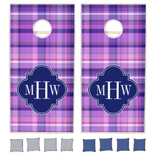 Amethyst Pink Navy Wht Preppy Madras Monogram Cornhole Set