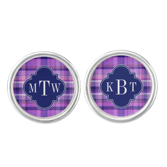 Amethyst Pink Navy Wht Preppy Madras Monogram Cufflinks (Front)