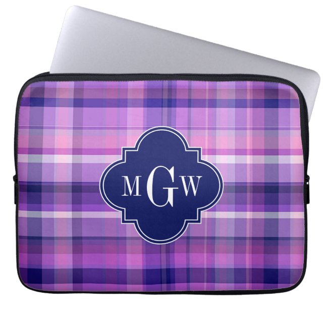 Amethyst Pink Navy Wht Preppy Madras Monogram Laptop Sleeve (Front)