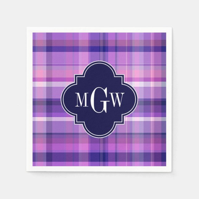 Amethyst Pink Navy Wht Preppy Madras Monogram Paper Napkins (Front)