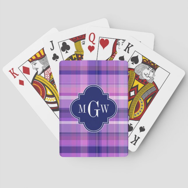 Amethyst Pink Navy Wht Preppy Madras Monogram Poker Cards (Back)