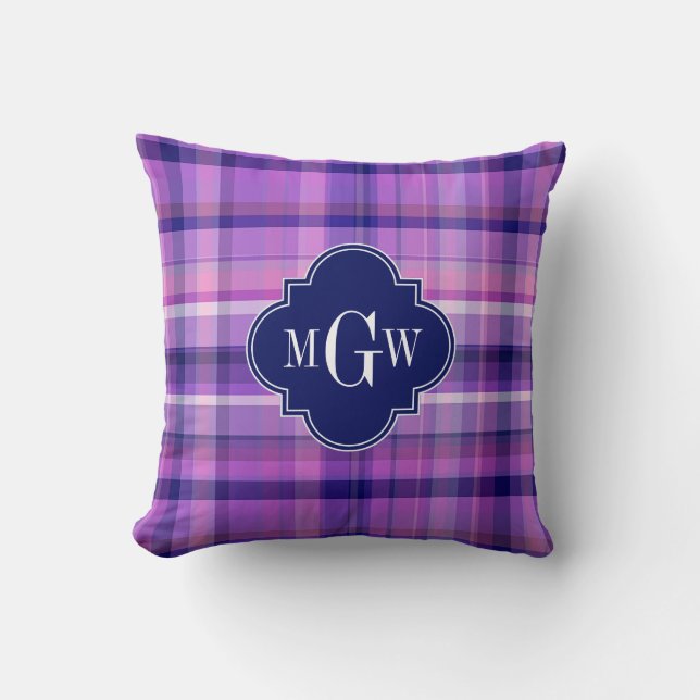 Amethyst Pink Navy Wht Preppy Madras Monogram Throw Pillow (Front)