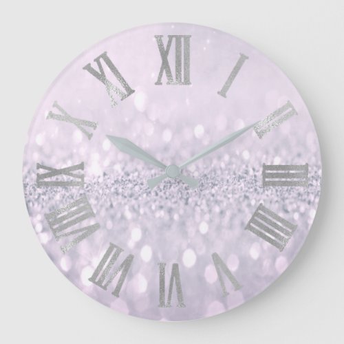 Amethyst Plum Glitter Gray Metal Roman Numbers Large Clock