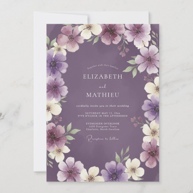 Amethyst Plum Wreath Wedding Invitation (Front)