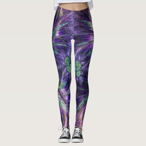 Amethyst Purple and Aqua Feathers Abstract Leggings