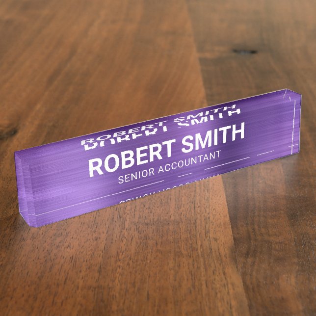 Amethyst Purple Faux Brushed Metal Foil Desk Name Plate (Side)