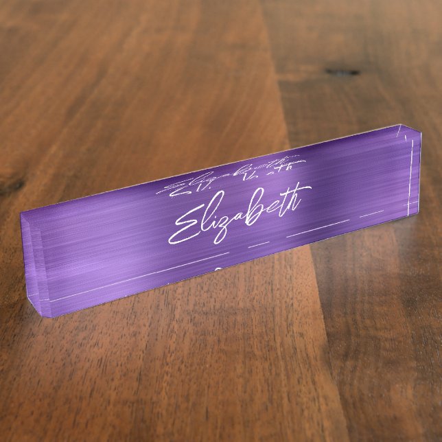 Amethyst Purple Foil Modern Brush Script Desk Name Plate (Side)