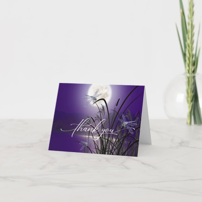 Amethyst Purple Full Moon Dragonfly Pond Thank You Card (Front)
