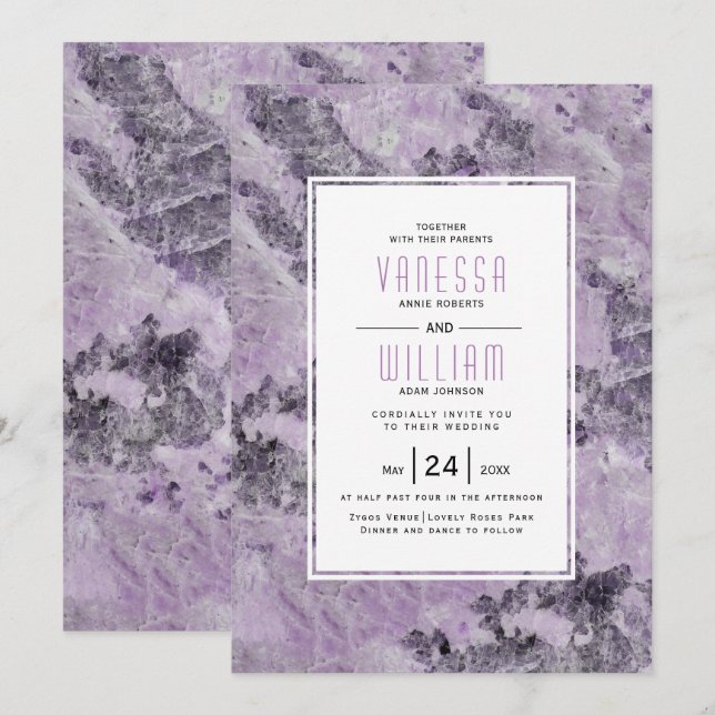 Amethyst purple geode marble modern wedding invitation (Front/Back)