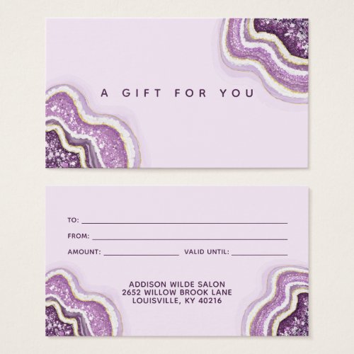 Custom Gift Certificates 7 Amethyst Purple Glitter Agate Geode Luxe Gift Card