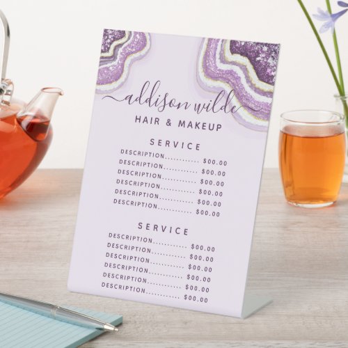 Custom Price Menus 8 Amethyst Purple Glitter Agate Geode Service Price Pedestal Sign