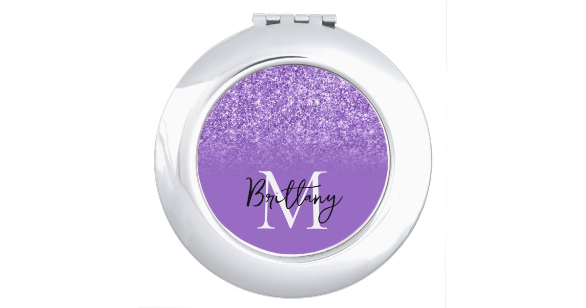 Purple Brushed Metal Silver Glitter Monogram Name Compact Mirror