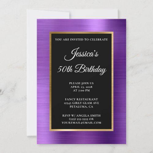 Amethyst Purple Gold Foil Black 50th Birthday Invitation