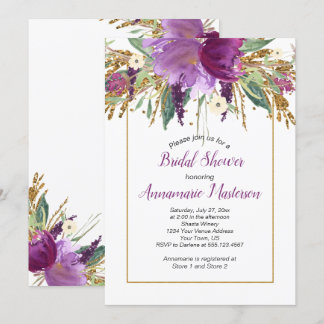 Amethyst Purple Gold Glitter Floral Bridal Shower Invitation