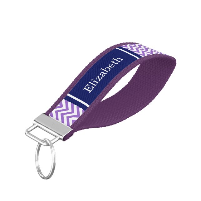 Amethyst Purple LG Chevron Navy Blue Name Monogram Wrist Keychain (Angled Down)