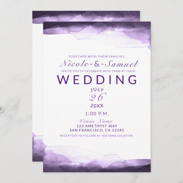 Amethyst Purple Plum Watercolor Modern Wedding Invitation (Front/Back)